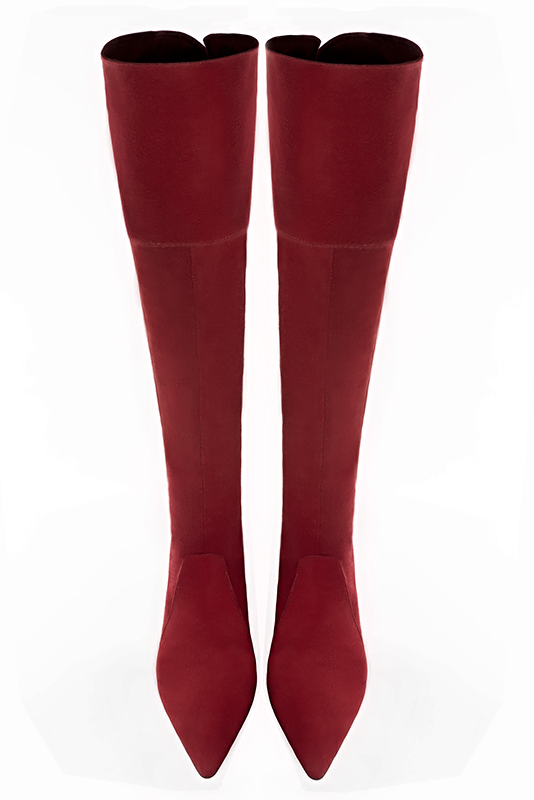 Burgundy red women's leather thigh-high boots. Pointed toe. Low flare heels. Made to measure. Top view - Florence KOOIJMAN